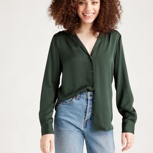 Quince XS Washable Stretch Silk Notch Collar Blouse Forest Green
